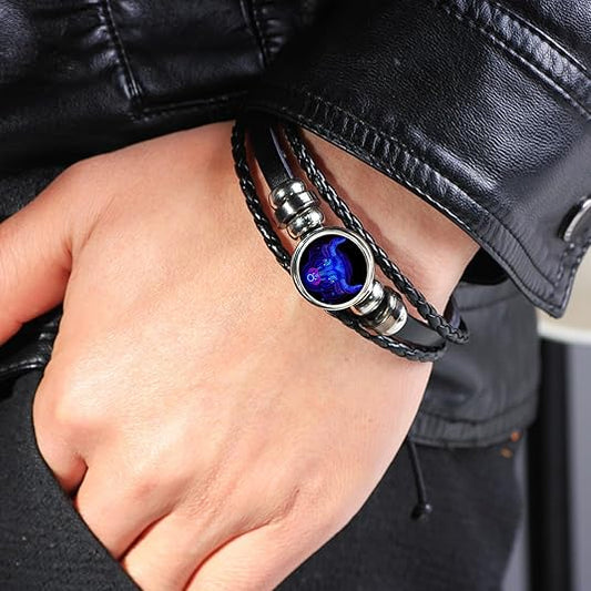 ZODIAC SIGN BLACK LEATHER BRACELET